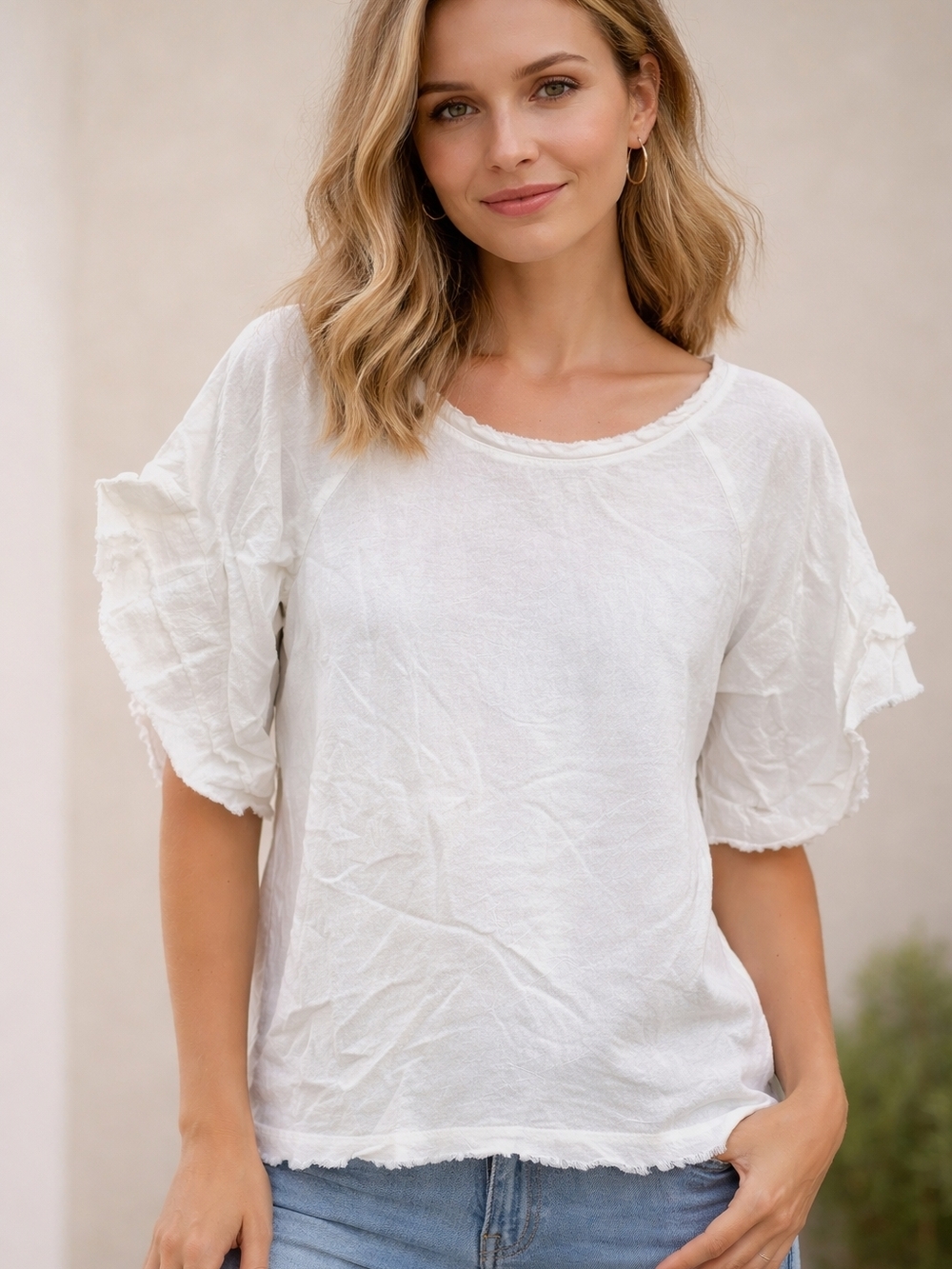 White Ruffle-Sleeve Women's Top - Lightweight Casual Tee Medium